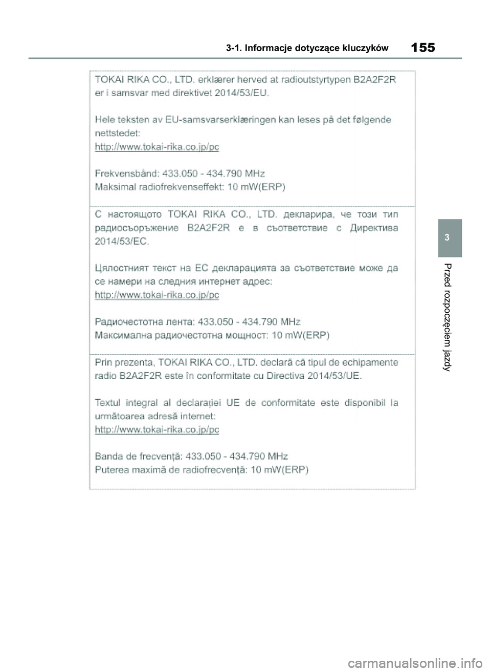 TOYOTA COROLLA 2020  Instrukcja obsługi (in Polish) Przed rozpocz´ciem jazdy
3-1. Informacje dotyczàce kluczyków155
3
4 Corolla TMMT OM12P10E  2/24/21  5:06 PM  Page 155 