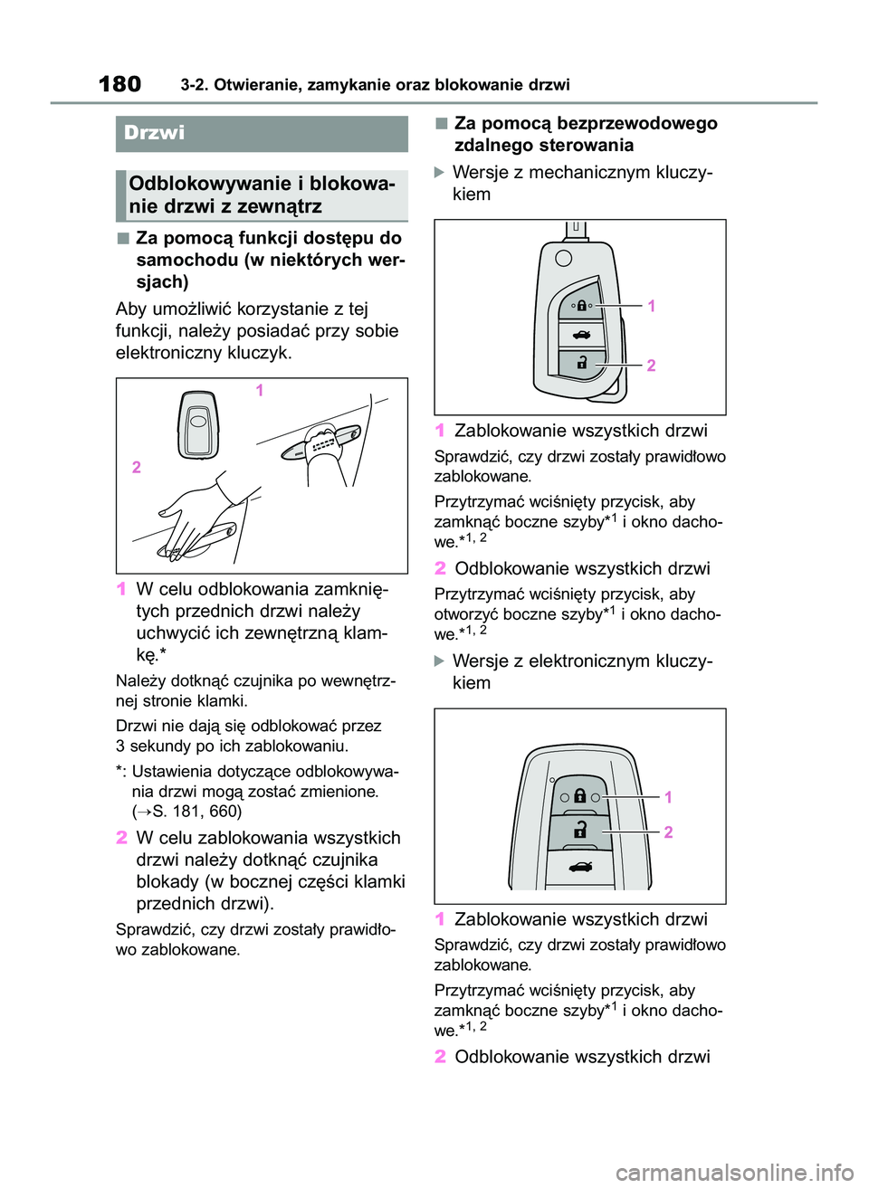 TOYOTA COROLLA 2020  Instrukcja obsługi (in Polish) Za pomocà funkcji dost´pu do
samochodu (w niektórych wer-
sjach)
Aby umo˝liwiç korzystanie z tej
funkcji, nale˝y posiadaç przy sobie
elektroniczny kluczyk.
1W celu odblokowania zamkni´-
tych p