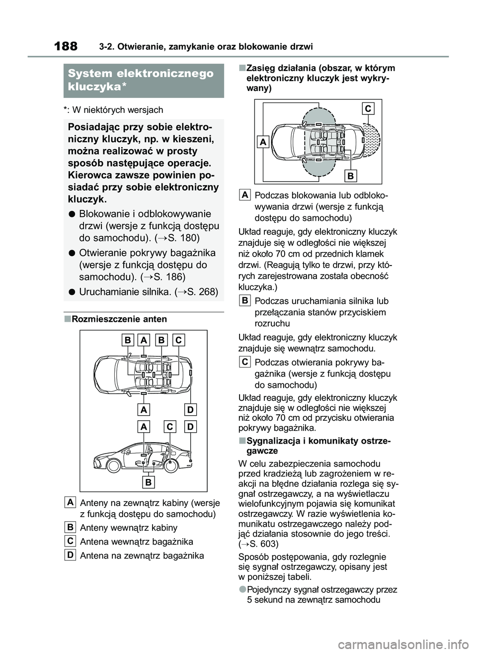 TOYOTA COROLLA 2020  Instrukcja obsługi (in Polish) *: W niektórych wersjach
Rozmieszczenie anten 
Anteny na zewnàtrz kabiny (wersje
z funkcjà dost´pu do samochodu)
Anteny wewnàtrz kabiny
Antena wewnàtrz baga˝nika
Antena na zewnàtrz baga˝nikaZ