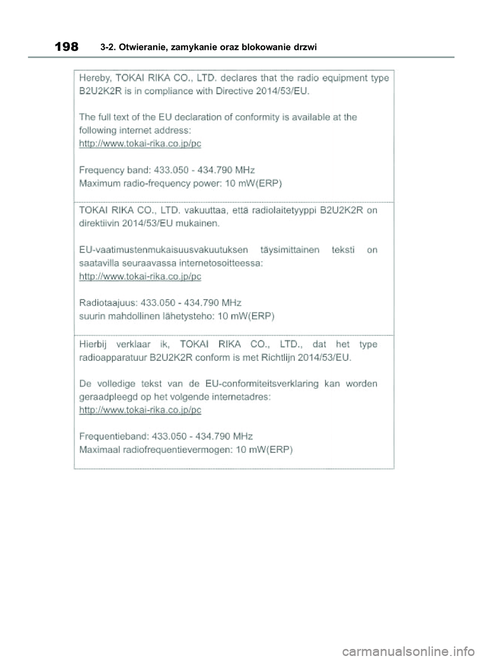 TOYOTA COROLLA 2020  Instrukcja obsługi (in Polish) 1983-2. Otwieranie, zamykanie oraz blokowanie drzwi
4 Corolla TMMT OM12P10E  2/24/21  5:07 PM  Page 198 