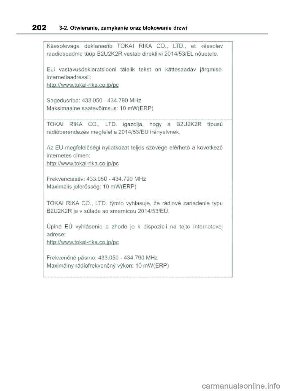 TOYOTA COROLLA 2020  Instrukcja obsługi (in Polish) 2023-2. Otwieranie, zamykanie oraz blokowanie drzwi
4 Corolla TMMT OM12P10E  2/24/21  5:08 PM  Page 202 