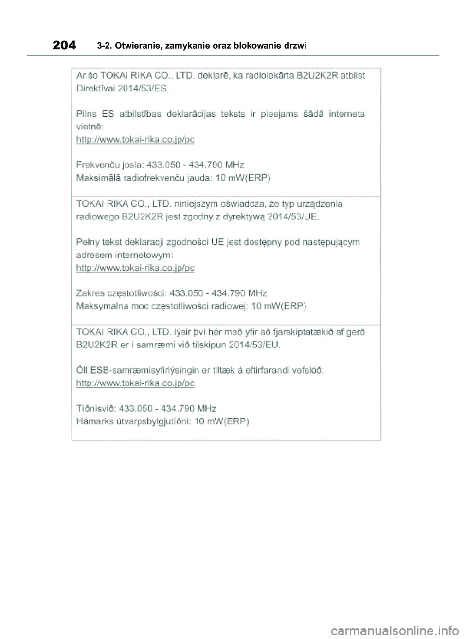 TOYOTA COROLLA 2020  Instrukcja obsługi (in Polish) 2043-2. Otwieranie, zamykanie oraz blokowanie drzwi
4 Corolla TMMT OM12P10E  2/24/21  5:08 PM  Page 204 