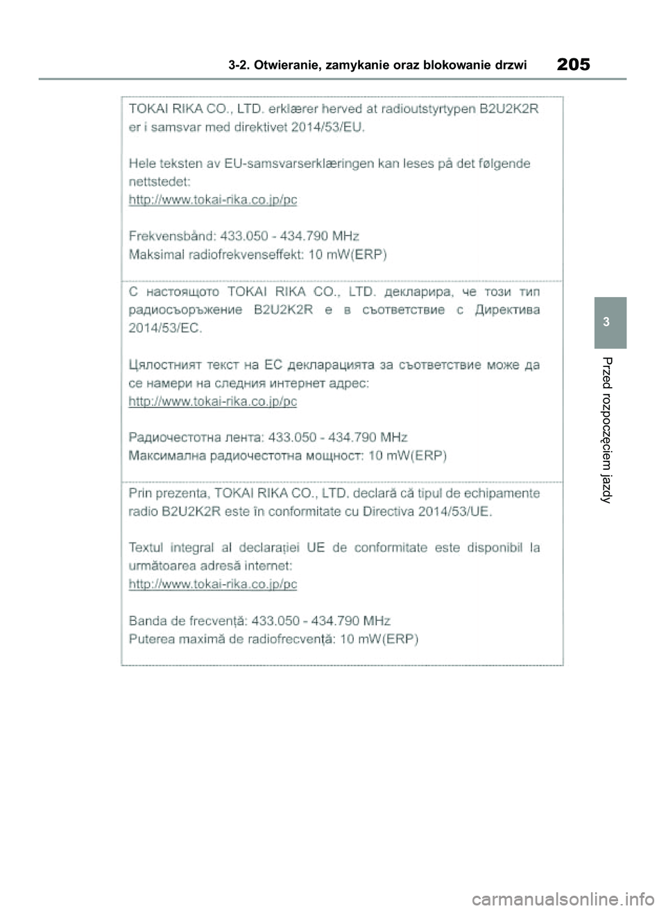 TOYOTA COROLLA 2020  Instrukcja obsługi (in Polish) Przed rozpocz´ciem jazdy
3-2. Otwieranie, zamykanie oraz blokowanie drzwi205
3
4 Corolla TMMT OM12P10E  2/24/21  5:08 PM  Page 205 