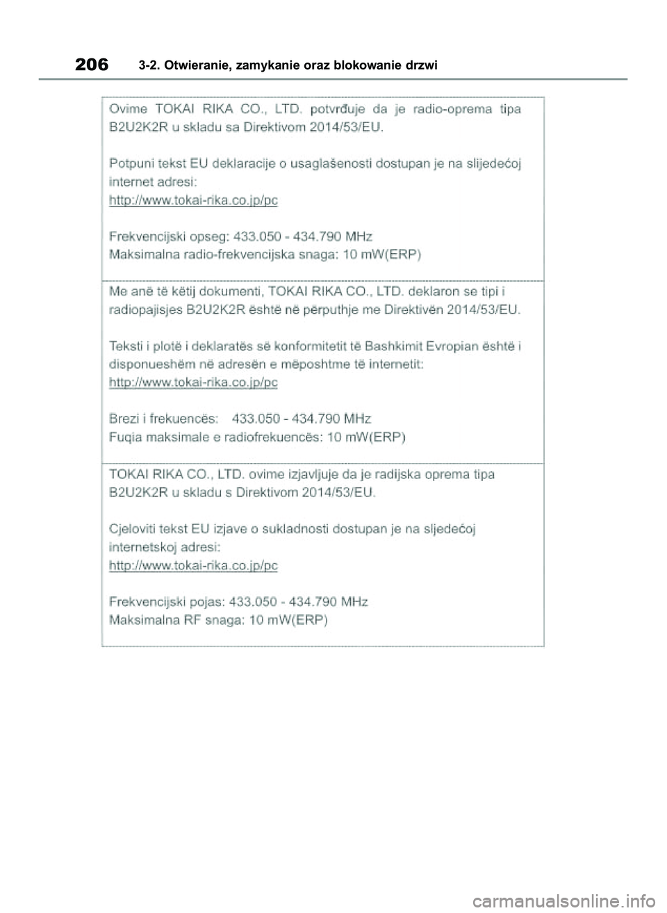 TOYOTA COROLLA 2020  Instrukcja obsługi (in Polish) 2063-2. Otwieranie, zamykanie oraz blokowanie drzwi
4 Corolla TMMT OM12P10E  2/24/21  5:08 PM  Page 206 