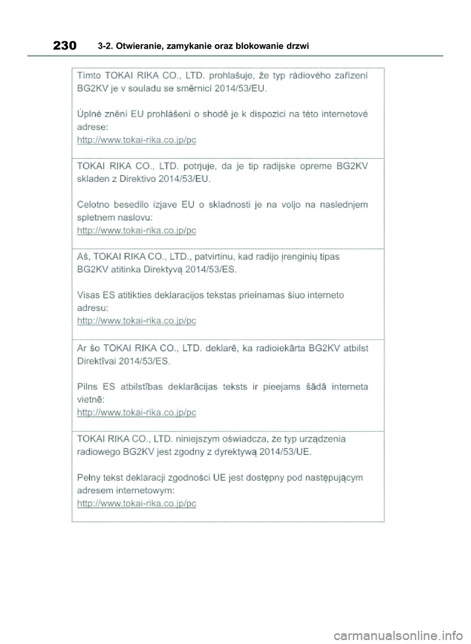 TOYOTA COROLLA 2020  Instrukcja obsługi (in Polish) 2303-2. Otwieranie, zamykanie oraz blokowanie drzwi
4 Corolla TMMT OM12P10E  2/24/21  5:09 PM  Page 230 