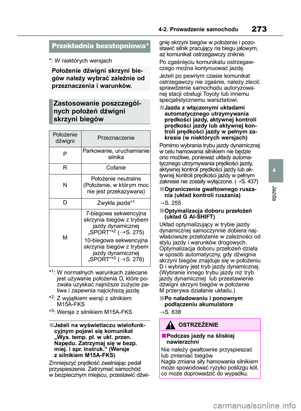 TOYOTA COROLLA 2020  Instrukcja obsługi (in Polish) *: W niektórych wersjach
*
1: W normalnych warunkach zalecane
jest u˝ywanie po∏o˝enia D, które po-
zwala uzyskaç najni˝sze zu˝ycie pa-
liwa i zapewnia najcichszà jazd´.
*
2: Z wyjàtkiem we