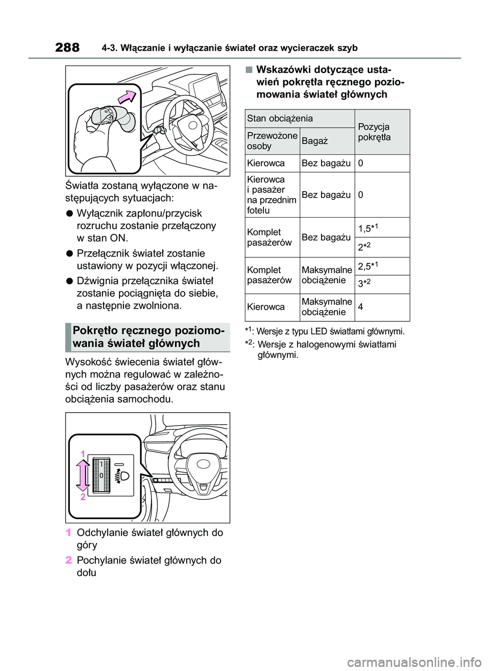 TOYOTA COROLLA 2020  Instrukcja obsługi (in Polish) Âwiat∏a zostanà wy∏àczone w na-
st´pujàcych sytuacjach:
Wy∏àcznik zap∏onu/przycisk 
rozruchu zostanie prze∏àczony
w stan ON.
Prze∏àcznik Êwiate∏ zostanie
ustawiony w pozycji w