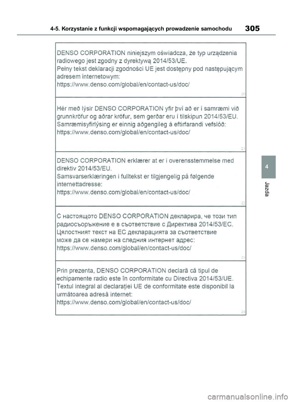 TOYOTA COROLLA 2020  Instrukcja obsługi (in Polish) Jazda
4-5. Korzystanie z funkcji wspomagajàcych prowadzenie samochodu305
4
4 Corolla TMMT OM12P10E  2/24/21  5:10 PM  Page 305 
