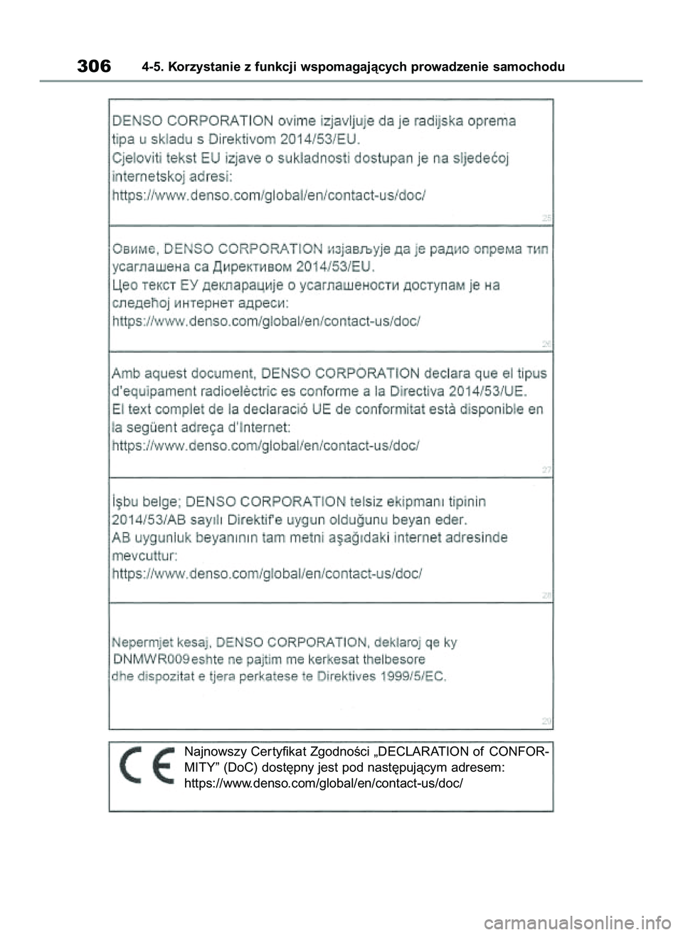 TOYOTA COROLLA 2020  Instrukcja obsługi (in Polish) 3064-5. Korzystanie z funkcji wspomagajàcych prowadzenie samochodu
Najnowszy Cer tyfikat ZgodnoÊci „DECLARATION of CONFOR-
MITY” (DoC) dost´pny jest pod nast´pujàcym adresem:
https://www.dens