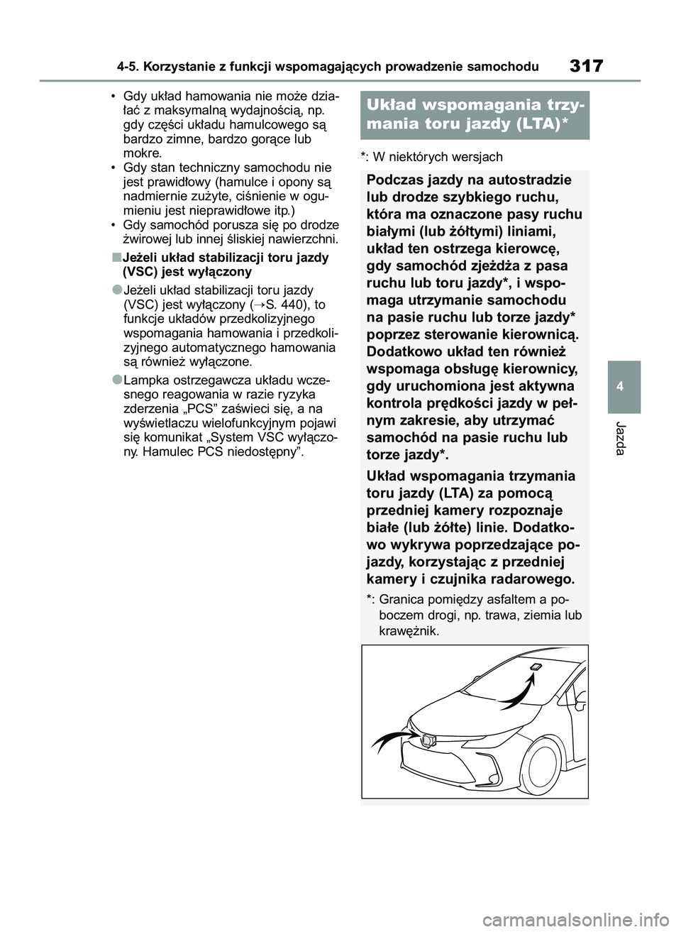 TOYOTA COROLLA 2020  Instrukcja obsługi (in Polish) •  Gdy uk∏ad hamowania nie mo˝e dzia-
∏aç z maksymalnà wydajnoÊcià, np.
gdy cz´Êci uk∏adu hamulcowego sà
bardzo zimne, bardzo goràce lub
mokre.
•  Gdy stan techniczny samochodu nie
