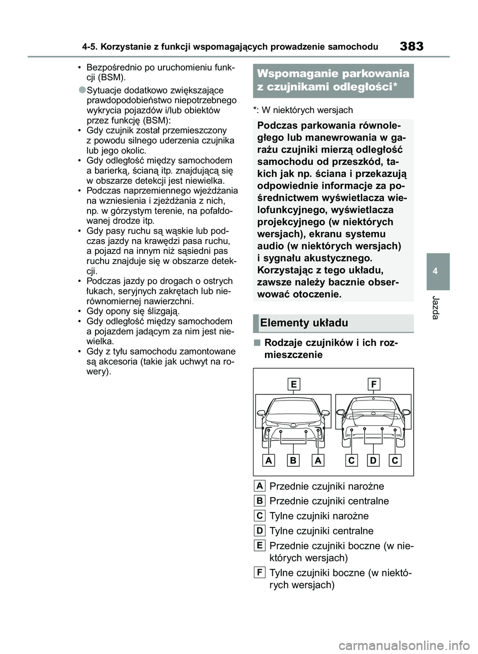 TOYOTA COROLLA 2020  Instrukcja obsługi (in Polish) •  BezpoÊrednio po uruchomieniu funk-
cji (BSM).
Sytuacje dodatkowo zwi´kszajàce
prawdopodobieƒstwo niepotrzebnego
wykrycia pojazdów i/lub obiektów
przez funkcj´ (BSM):
•  Gdy czujnik zosta