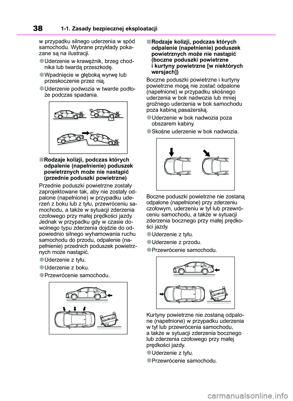 TOYOTA COROLLA 2020  Instrukcja obsługi (in Polish) w przypadku silnego uderzenia w spód
samochodu. Wybrane przyk∏ady poka-
zane sà na ilustracji.
Uderzenie w kraw´˝nik, brzeg chod-
nika lub twardà przeszkod´.
Wpadni´cie w g∏´bokà wyrw´ l