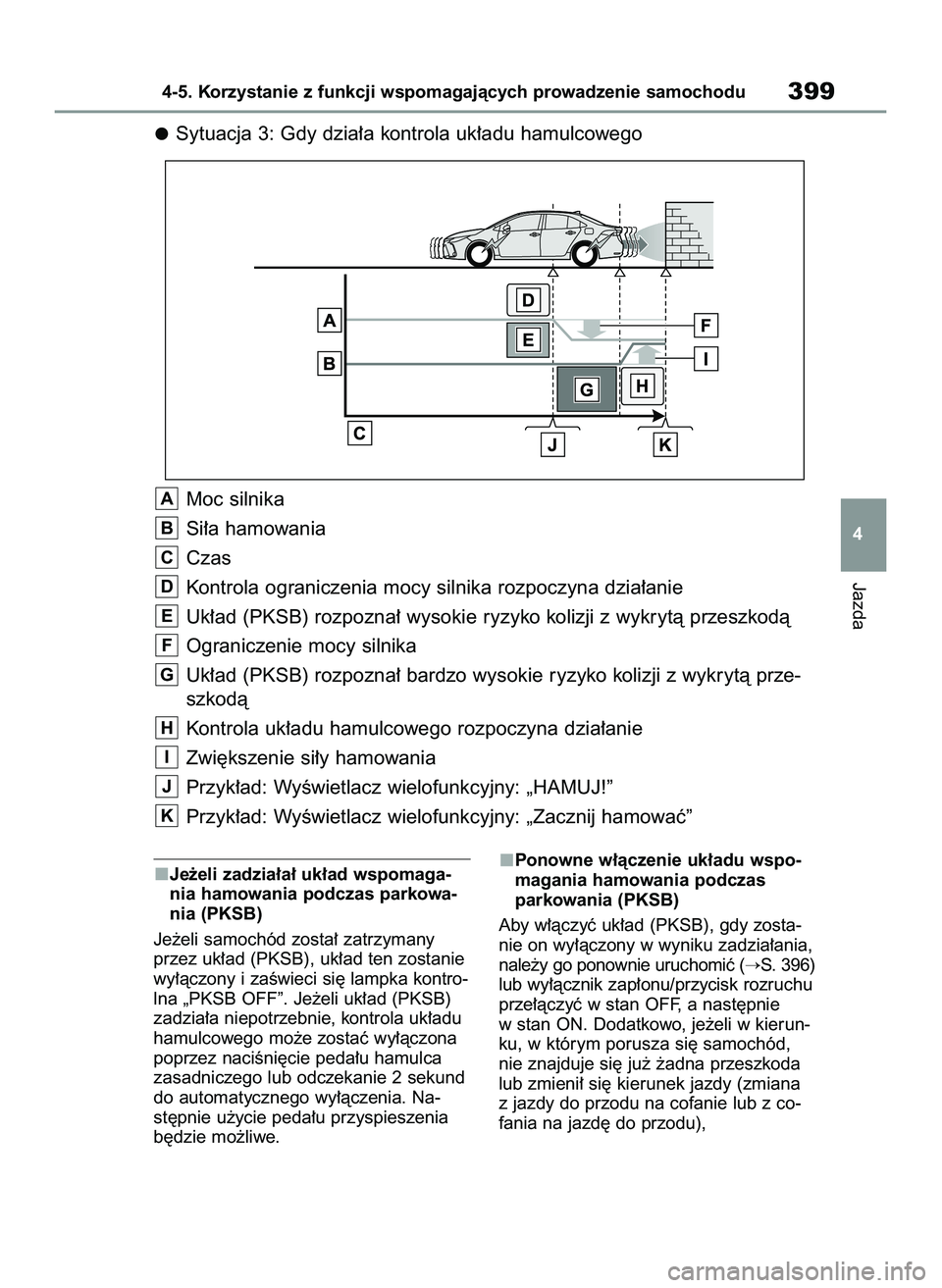 TOYOTA COROLLA 2020  Instrukcja obsługi (in Polish) Je˝eli zadzia∏a∏ uk∏ad wspomaga-
nia hamowania podczas parkowa-
nia (PKSB)
Je˝eli samochód zosta∏ zatrzymany
przez uk∏ad (PKSB), uk∏ad ten zostanie
wy∏àczony i zaÊwieci si´ lampka 