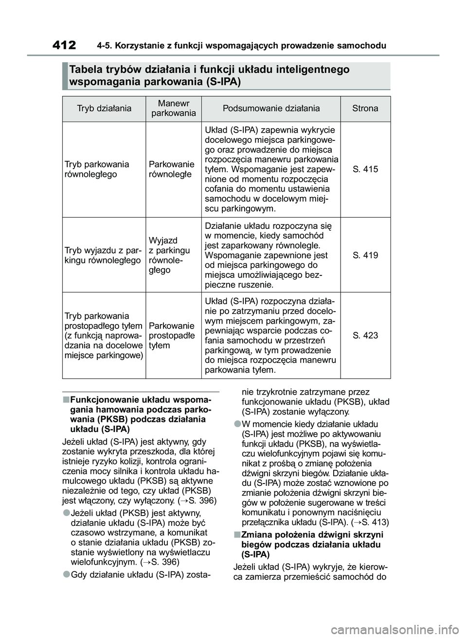 TOYOTA COROLLA 2020  Instrukcja obsługi (in Polish) Funkcjonowanie uk∏adu wspoma-
gania hamowania podczas parko-
wania (PKSB) podczas dzia∏ania
uk∏adu (S-IPA)
Je˝eli uk∏ad (S-IPA) jest aktywny, gdy
zostanie wykryta przeszkoda, dla której
istn