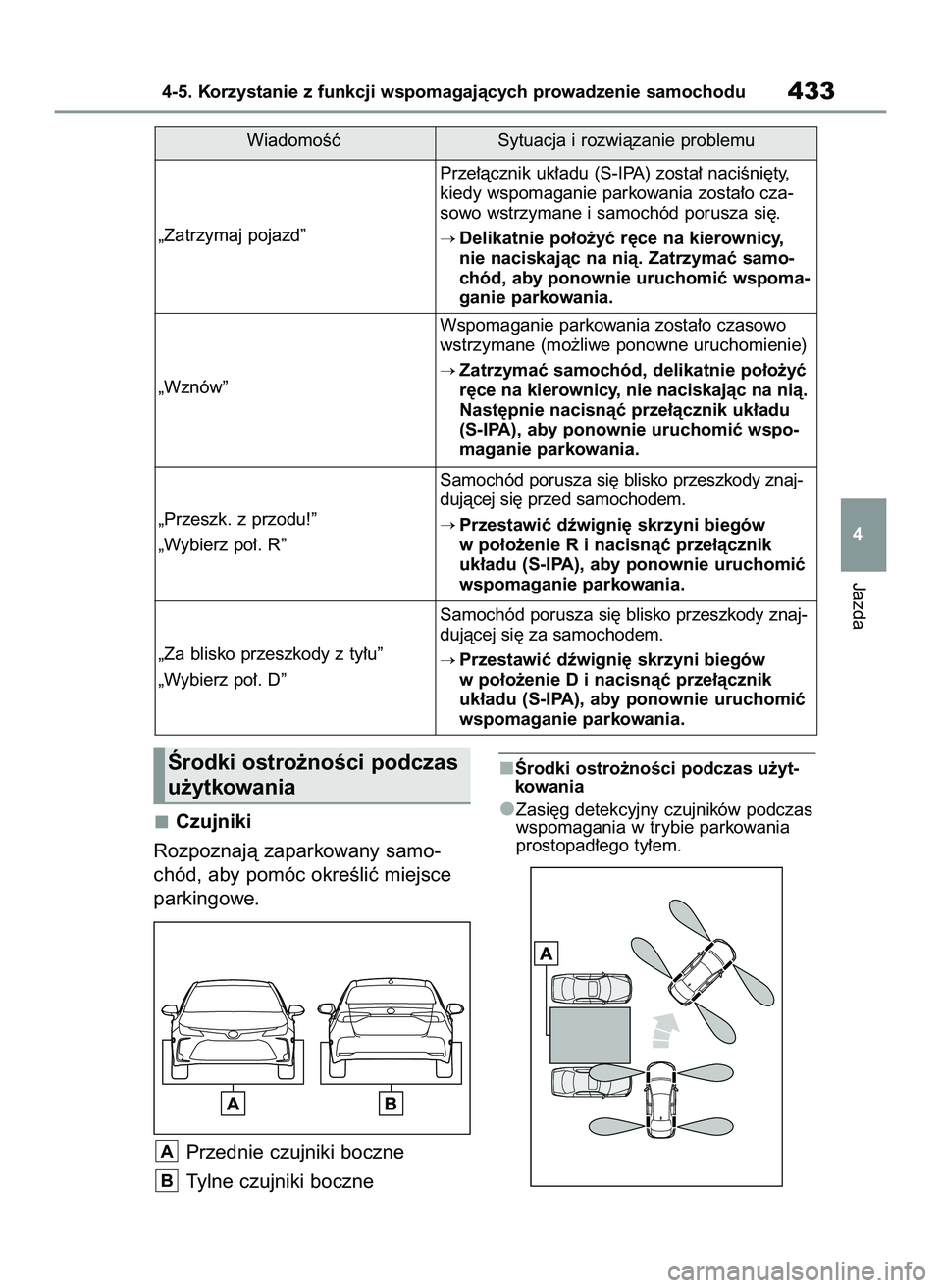 TOYOTA COROLLA 2020  Instrukcja obsługi (in Polish) Czujniki
Rozpoznajà zaparkowany samo-
chód, aby pomóc okreÊliç miejsce
parkingowe.
Przednie czujniki boczne
Tylne czujniki boczne
Ârodki ostro˝noÊci podczas u˝yt-
kowania
Zasi´g detekcyjny c