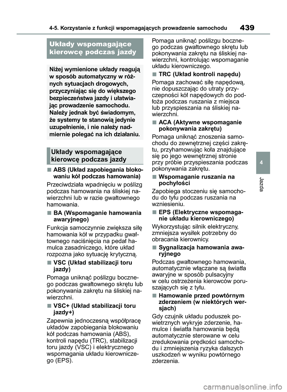 TOYOTA COROLLA 2020  Instrukcja obsługi (in Polish) ABS (Uk∏ad zapobiegania bloko-
waniu kó∏ podczas hamowania)
Przeciwdzia∏a wpadni´ciu w poÊlizg
podczas hamowania na Êliskiej na-
wierzchni lub w razie gwa∏townego
hamowania.
BA (Wspomagani