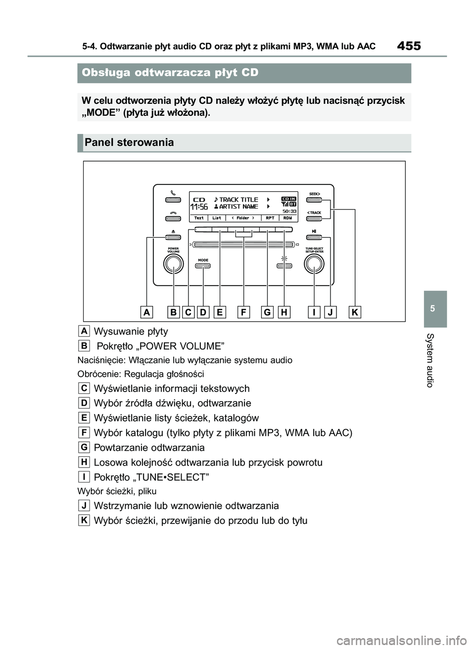 TOYOTA COROLLA 2020  Instrukcja obsługi (in Polish) Wysuwanie p∏yty
Pokr´t∏o „POWER VOLUME”
NaciÊni´cie: W∏àczanie lub wy∏àczanie systemu audio
Obrócenie: Regulacja g∏oÊnoÊci
WyÊwietlanie informacji tekstowych
Wybór êród∏a d