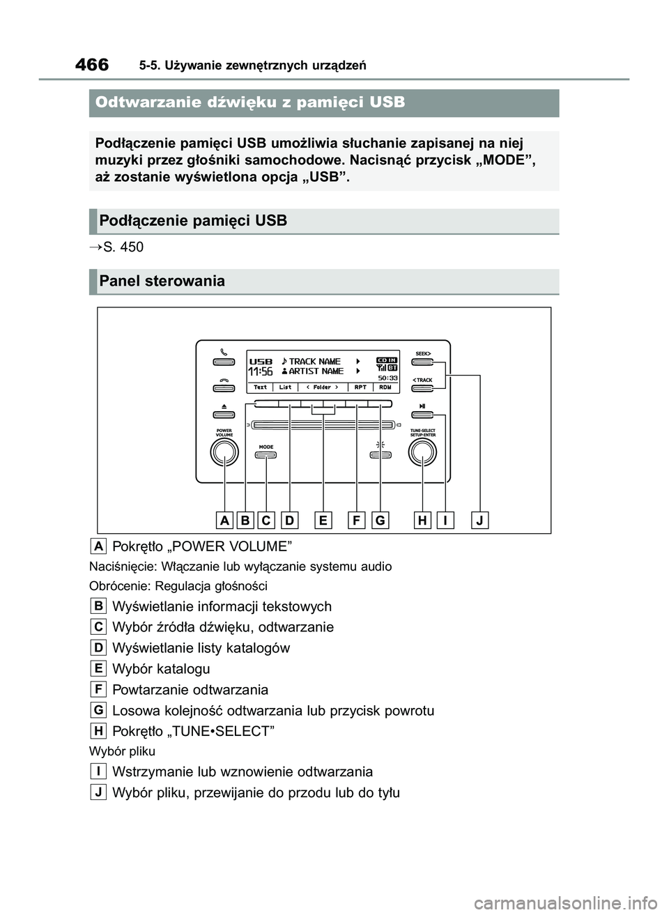 TOYOTA COROLLA 2020  Instrukcja obsługi (in Polish) S. 450
Pokr´t∏o „POWER VOLUME”
NaciÊni´cie: W∏àczanie lub wy∏àczanie systemu audio
Obrócenie: Regulacja g∏oÊnoÊci
WyÊwietlanie informacji tekstowych
Wybór êród∏a dêwi´ku, 