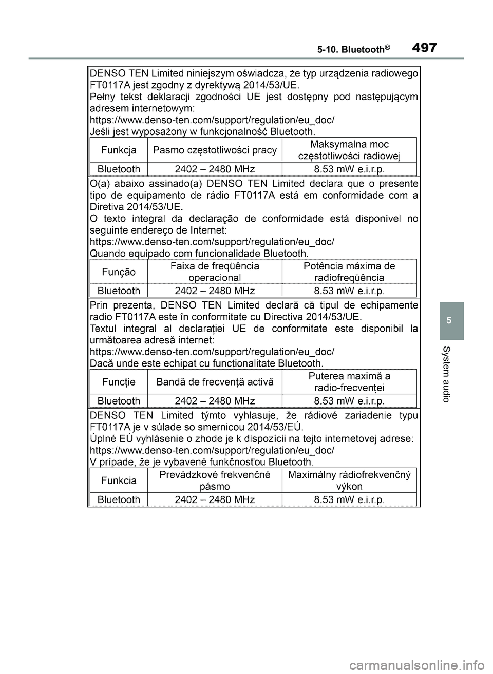 TOYOTA COROLLA 2020  Instrukcja obsługi (in Polish) System audio
5-10. Bluetooth®497
5
4 Corolla TMMT OM12P10E  2/24/21  5:11 PM  Page 497 
