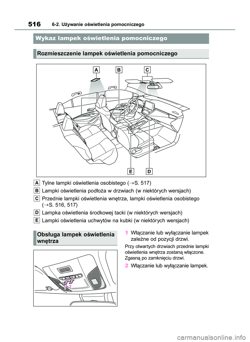 TOYOTA COROLLA 2020  Instrukcja obsługi (in Polish) 1W∏àczanie lub wy∏àczanie lampek
zale˝ne od pozycji drzwi.
Przy otwar tych drzwiach przednie lampki
oÊwietlenia wn´trza zostanà w∏àczone.
Zgasnà po zamkni´ciu drzwi.
2W∏àczanie lub w