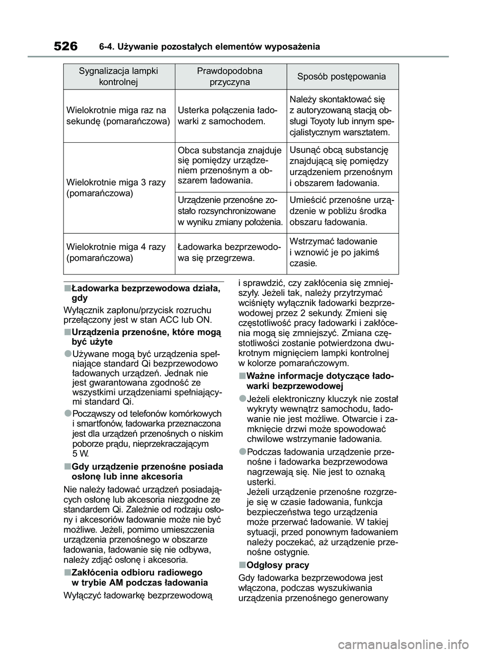 TOYOTA COROLLA 2020  Instrukcja obsługi (in Polish) ¸adowarka bezprzewodowa dzia∏a,
gdy
Wy∏àcznik zap∏onu/przycisk rozruchu
prze∏àczony jest w stan ACC lub ON.
Urzàdzenia przenoÊne, które mogà
byç u˝yte
U˝ywane mogà byç urzàdzenia 