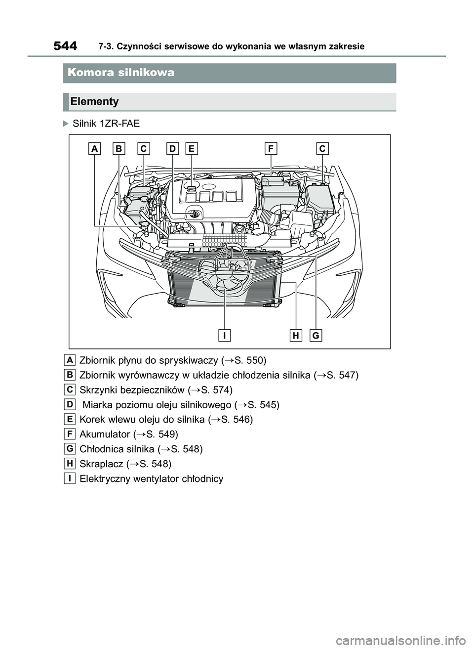 TOYOTA COROLLA 2020  Instrukcja obsługi (in Polish) 5447-3. CzynnoÊci serwisowe do wykonania we w∏asnym zakresie
Komora silnikowa
Elementy
Zbiornik p∏ynu do spryskiwaczy (S. 550)
Zbiornik wyrównawczy w uk∏adzie ch∏odzenia silnika (
S. 547)
