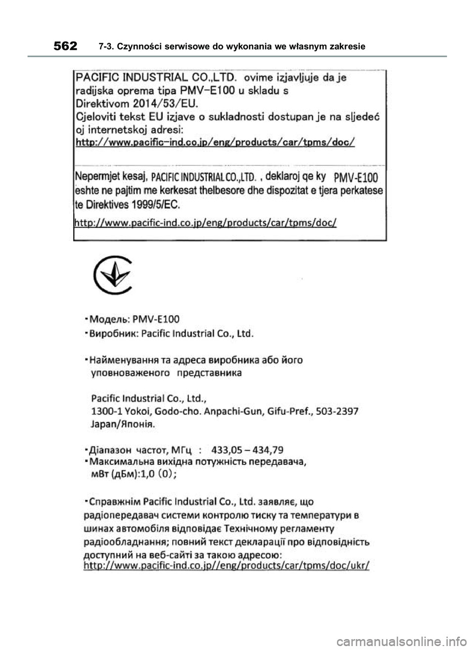 TOYOTA COROLLA 2020  Instrukcja obsługi (in Polish) 5627-3. CzynnoÊci serwisowe do wykonania we w∏asnym zakresie
4 Corolla TMMT OM12P10E  2/24/21  5:12 PM  Page 562 