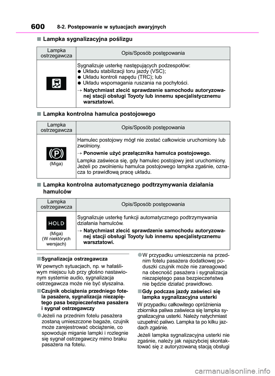 TOYOTA COROLLA 2020  Instrukcja obsługi (in Polish) Lampka sygnalizacyjna poÊlizgu
Lampka kontrolna hamulca postojowego
Lampka kontrolna automatycznego podtrzymywania dzia∏ania
hamulców
Sygnalizacja ostrzegawcza
W pewnych sytuacjach, np. w ha∏aÊ
