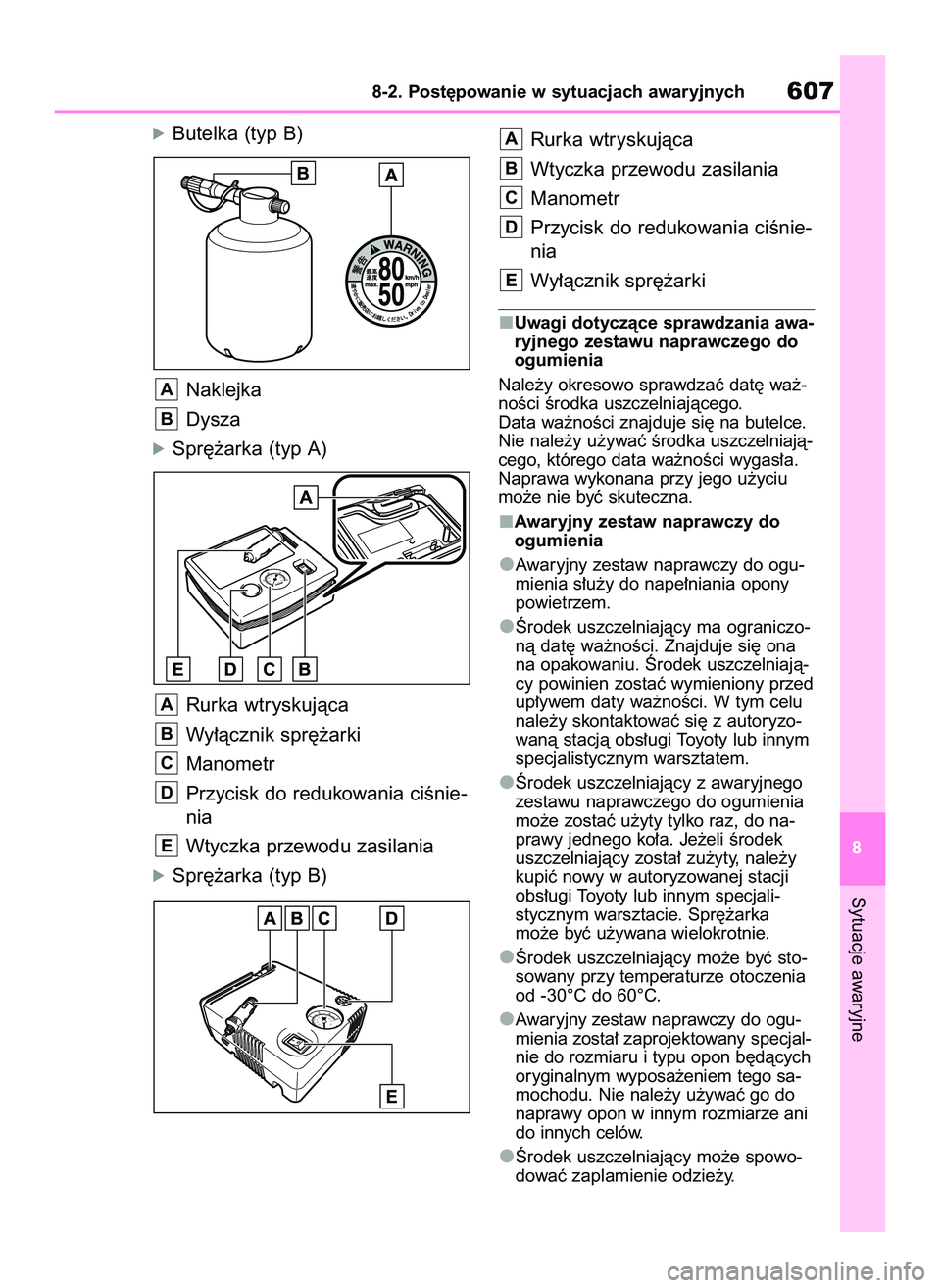 TOYOTA COROLLA 2020  Instrukcja obsługi (in Polish) óButelka (typ B)
Naklejka
Dysza
óSpr´˝arka (typ A)
Rurka wtryskujàca 
Wy∏àcznik spr´˝arki
Manometr
Przycisk do redukowania ciÊnie-
nia
Wtyczka przewodu zasilania
óSpr´˝arka (typ B)Rurka 