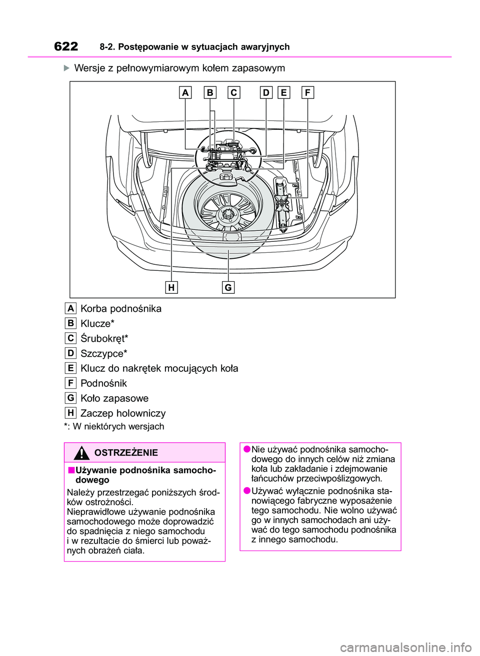 TOYOTA COROLLA 2020  Instrukcja obsługi (in Polish) óWersje z pe∏nowymiarowym ko∏em zapasowym
Korba podnoÊnika
Klucze*
Ârubokr´t*
Szczypce*
Klucz do nakr´tek mocujàcych ko∏a
PodnoÊnik
Ko∏o zapasowe
Zaczep holowniczy
*: W niektórych wers