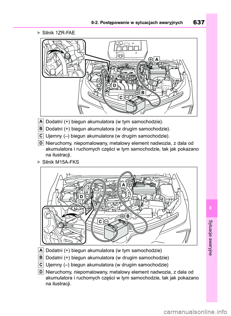 TOYOTA COROLLA 2020  Instrukcja obsługi (in Polish) óSilnik 1ZR-FAE
Sytuacje awaryjne
8-2. Post´powanie w sytuacjach awaryjnych637
8
Dodatni (+) biegun akumulatora (w tym samochodzie).
Dodatni (+) biegun akumulatora (w drugim samochodzie).
Ujemny (