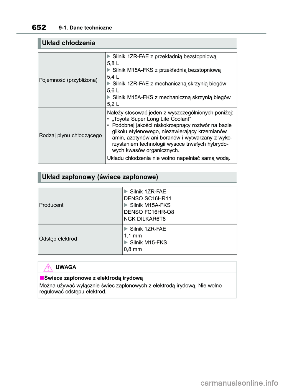 TOYOTA COROLLA 2020  Instrukcja obsługi (in Polish) 6529-1. Dane techniczne
Uk∏ad ch∏odzenia 
Uk∏ad zap∏onowy (Êwiece zap∏onowe)
PojemnoÊç (przybli˝ona)
óSilnik 1ZR-FAE z przek∏adnià bezstopniowà
5,8 L
óSilnik M15A-FKS z przek∏adn