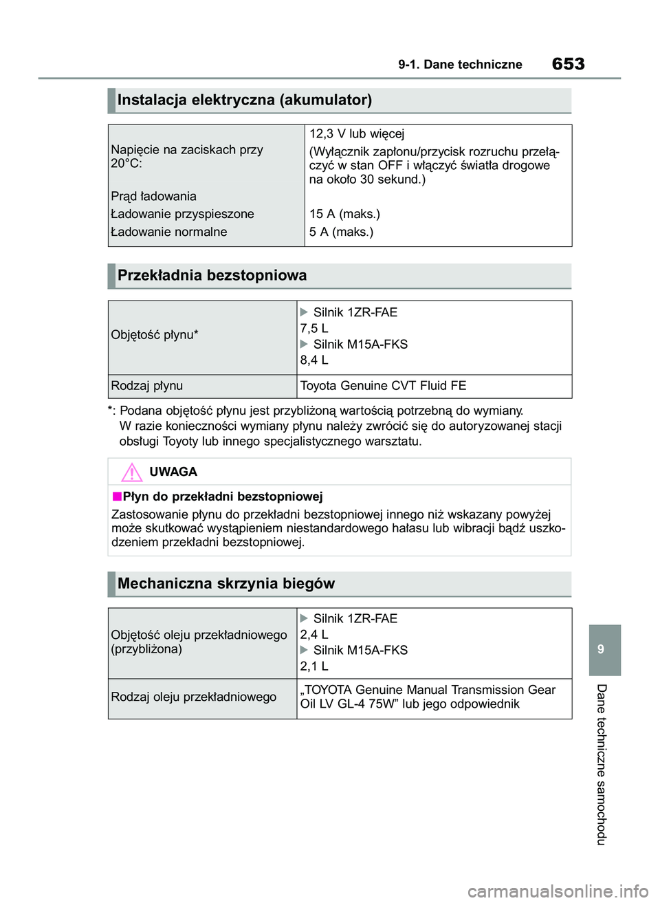 TOYOTA COROLLA 2020  Instrukcja obsługi (in Polish) *: Podana obj´toÊç p∏ynu jest przybli˝onà war toÊcià potrzebnà do wymiany.
W razie koniecznoÊci wymiany p∏ynu nale˝y zwróciç si´ do autoryzowanej stacji
obs∏ugi Toyoty lub innego sp