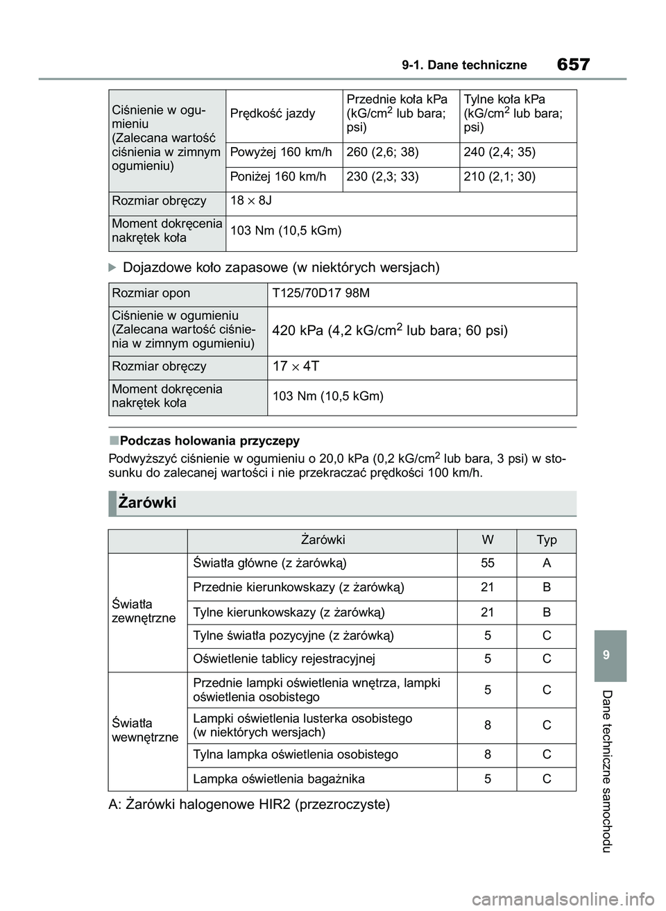 TOYOTA COROLLA 2020  Instrukcja obsługi (in Polish) óDojazdowe ko∏o zapasowe (w niektórych wersjach)
Podczas holowania przyczepy
Podwy˝szyç ciÊnienie w ogumieniu o 20,0 kPa (0,2 kG/cm2lub bara, 3 psi) w sto-
sunku do zalecanej war toÊci i nie p