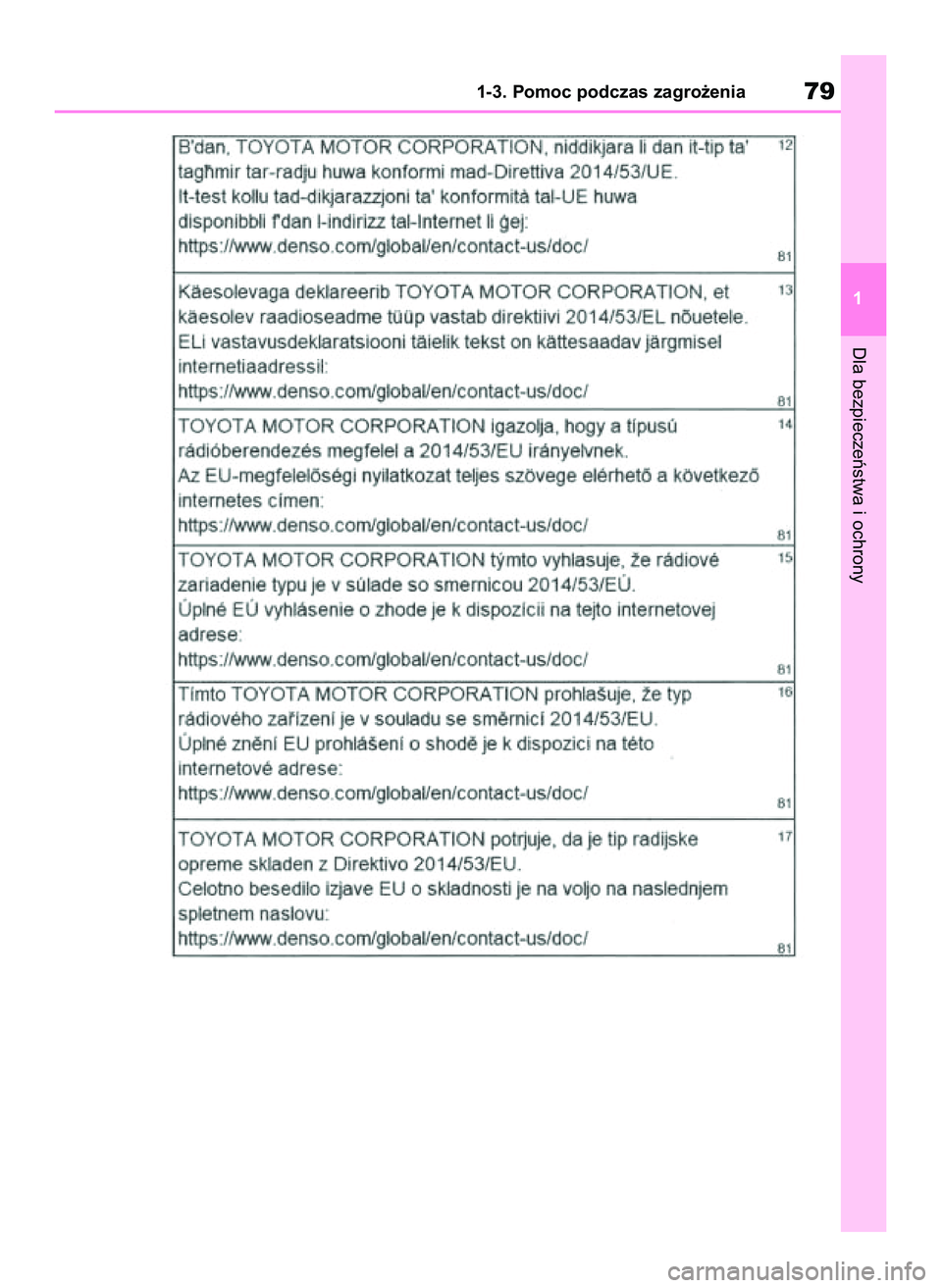 TOYOTA COROLLA 2021  Instrukcja obsługi (in Polish) Dla bezpieczeƒstwa i ochrony
1-3. Pomoc podczas zagro˝enia79
1
4 Corolla TMMT OM12P10E  2/24/21  5:05 PM  Page 79 