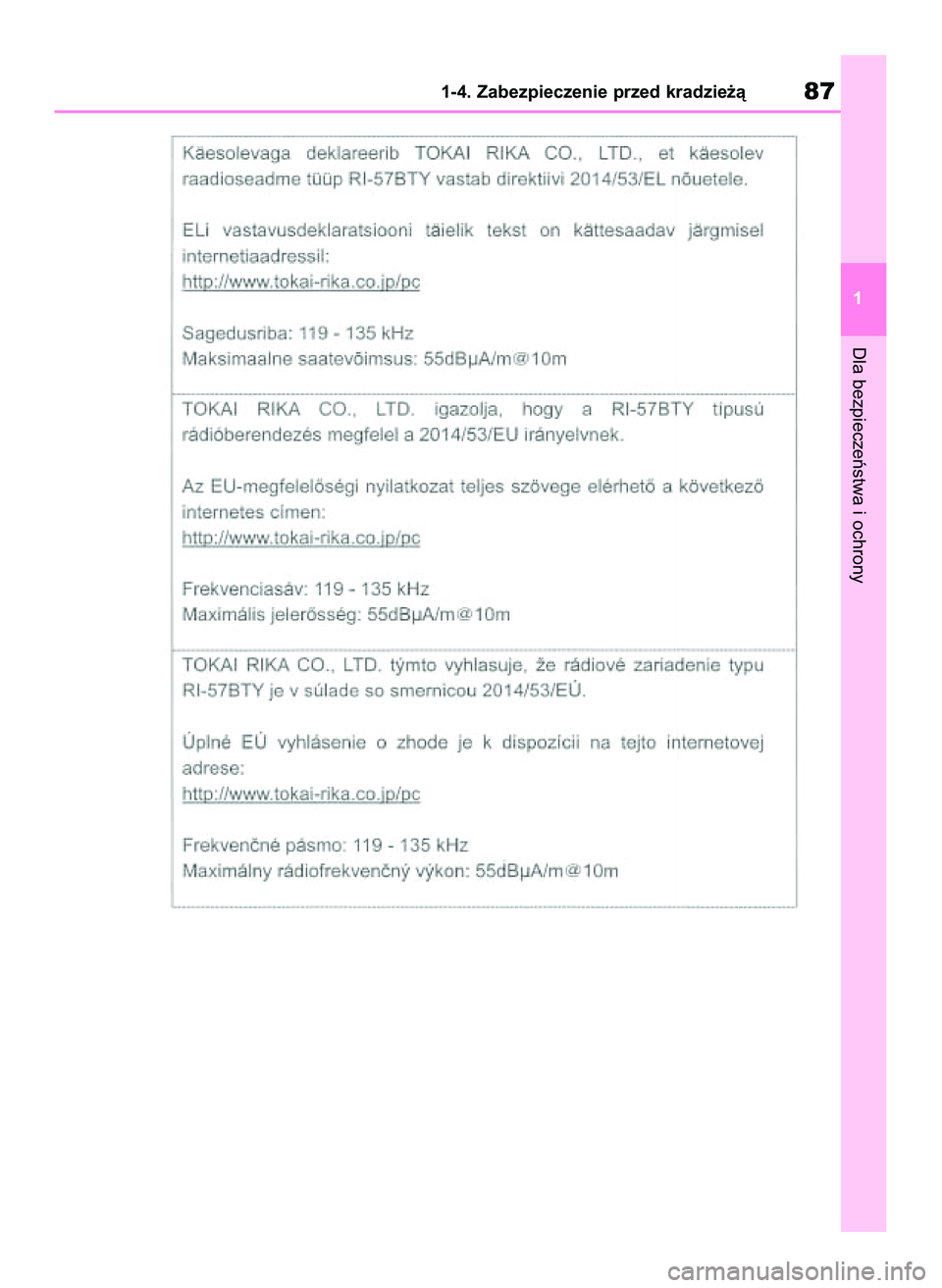 TOYOTA COROLLA 2021  Instrukcja obsługi (in Polish) Dla bezpieczeƒstwa i ochrony
1-4. Zabezpieczenie przed kradzie˝à87
1
4 Corolla TMMT OM12P10E  2/24/21  5:05 PM  Page 87 