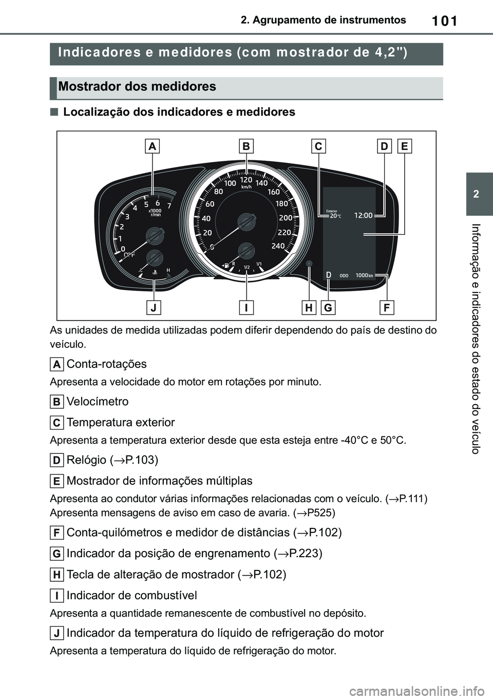 TOYOTA COROLLA 2021  Manual de utilização (in Portuguese) 101
�
�&�2�5�2�/�/�$ �+�9 �7�0�0�7 �(�(
����$�J�U�X�S�D�P�H�Q�W�R��G�H��L�Q�V�W�U�X�P�H�Q�W�R�V
�,�Q�I�R�U�P�D�o�m�R��H��L�Q�G�L�F�D�G�R�U�H�V��G�R��H�V�W�D�G�R��G�R��Y�H�t�F�X�O�R
■�/�R
