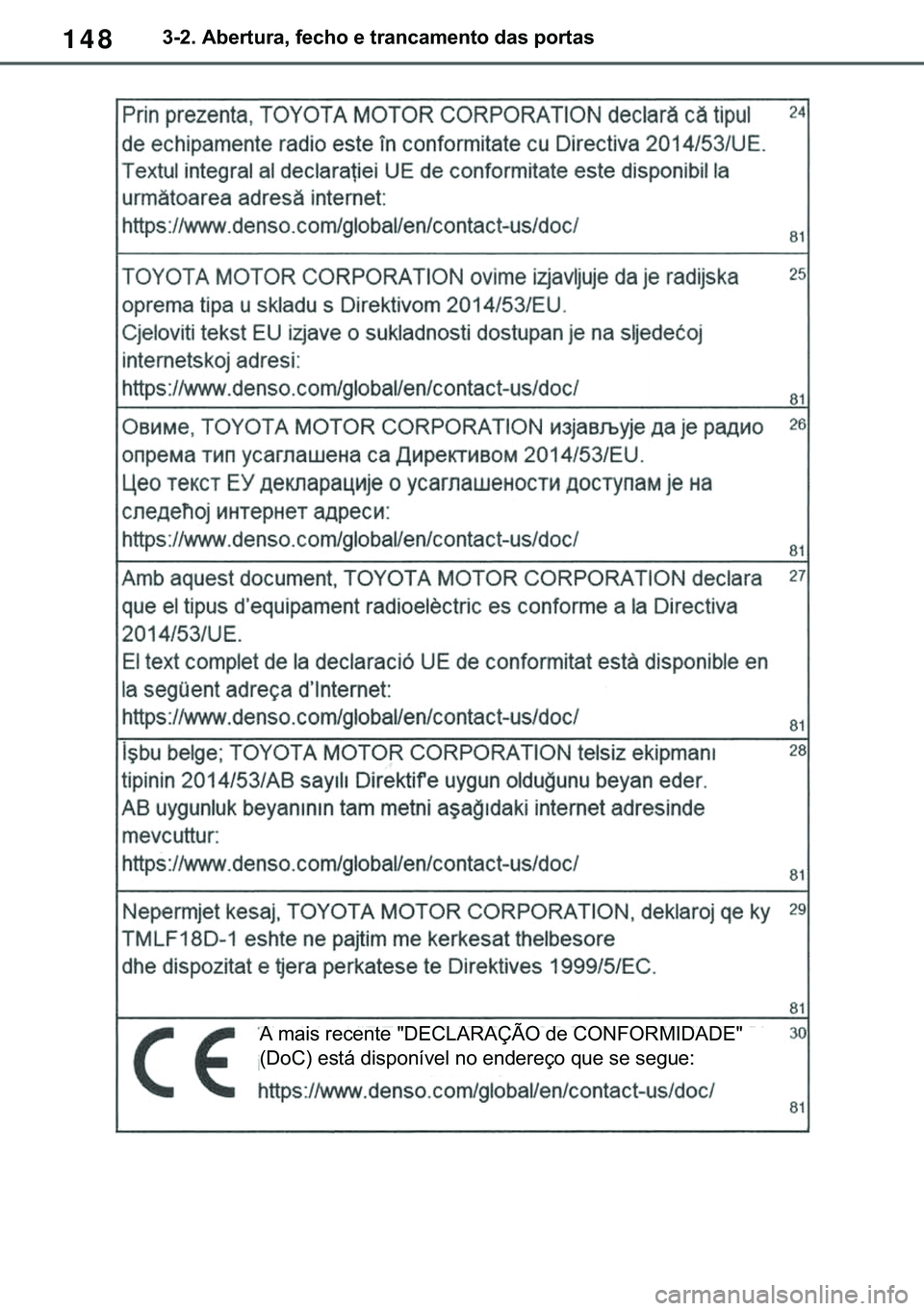 TOYOTA COROLLA 2020  Manual de utilização (in Portuguese) 148
�&�2�5�2�/�/�$ �+�9 �7�0�0�7 �(�(
������$�E�H�U�W�X�U�D���I�H�F�K�R��H��W�U�D�Q�F�D�P�H�Q�W�R��G�D�V��S�R�U�W�D�V
�$��P�D�L�V��U�H�F�H�Q�W�H����(�&�/�$�5�$�d�­�2��G�H��&�2�1�)�2