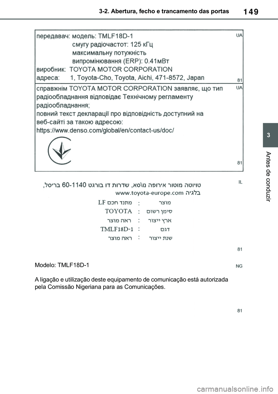 TOYOTA COROLLA 2020  Manual de utilização (in Portuguese) 149
�
�&�2�5�2�/�/�$ �+�9 �7�0�0�7 �(�(
������$�E�H�U�W�X�U�D���I�H�F�K�R��H��W�U�D�Q�F�D�P�H�Q�W�R��G�D�V��S�R�U�W�D�V
�$�Q�W�H�V��G�H��F�R�Q�G�X�]�L�U
�0�R�G�H�O�R���7�0�/�)�����