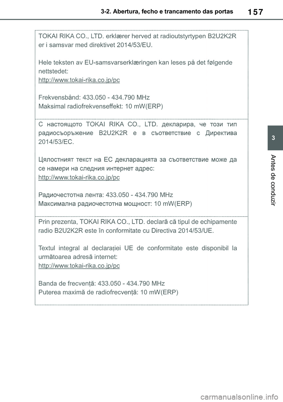 TOYOTA COROLLA 2020  Manual de utilização (in Portuguese) 157
�
�&�2�5�2�/�/�$ �+�9 �7�0�0�7 �(�(
������$�E�H�U�W�X�U�D���I�H�F�K�R��H��W�U�D�Q�F�D�P�H�Q�W�R��G�D�V��S�R�U�W�D�V
�$�Q�W�H�V��G�H��F�R�Q�G�X�]�L�U
�������3������D����