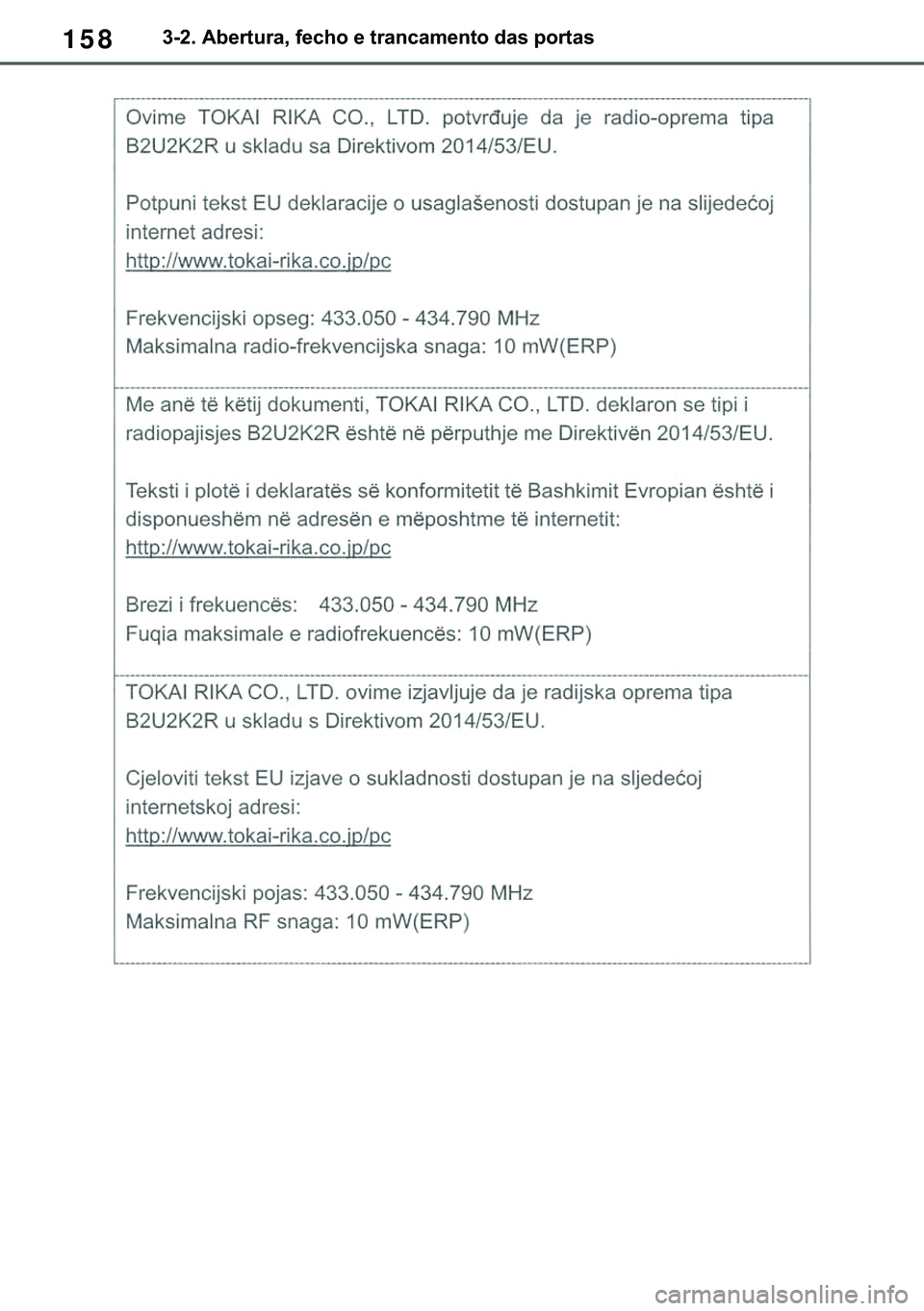 TOYOTA COROLLA 2020  Manual de utilização (in Portuguese) 158
�&�2�5�2�/�/�$ �+�9 �7�0�0�7 �(�(
������$�E�H�U�W�X�U�D���I�H�F�K�R��H��W�U�D�Q�F�D�P�H�Q�W�R��G�D�V��S�R�U�W�D�V
�������3������D������I�P���3�D�J�H�������:�H�G�