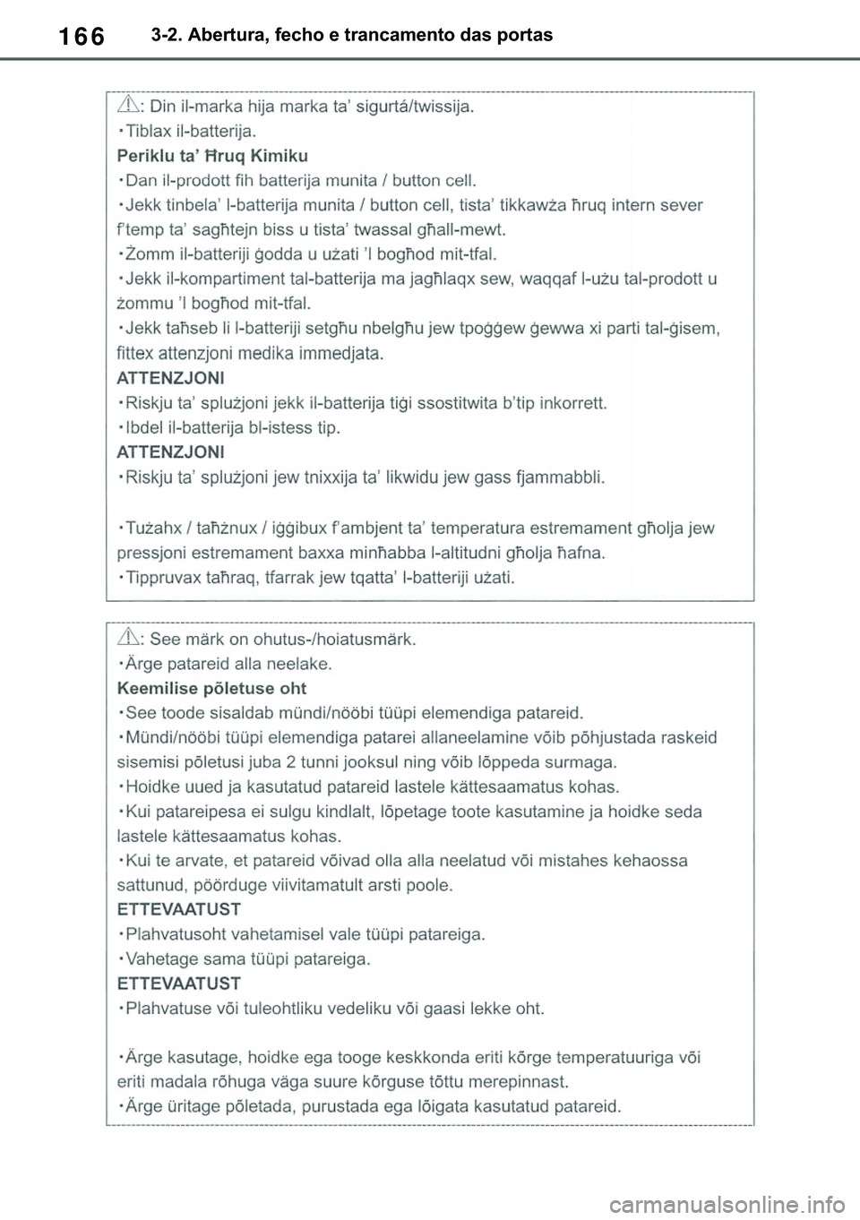 TOYOTA COROLLA 2020  Manual de utilização (in Portuguese) 166
�&�2�5�2�/�/�$ �+�9 �7�0�0�7 �(�(
������$�E�H�U�W�X�U�D���I�H�F�K�R��H��W�U�D�Q�F�D�P�H�Q�W�R��G�D�V��S�R�U�W�D�V
�������3������D������I�P���3�D�J�H�������:�H�G�