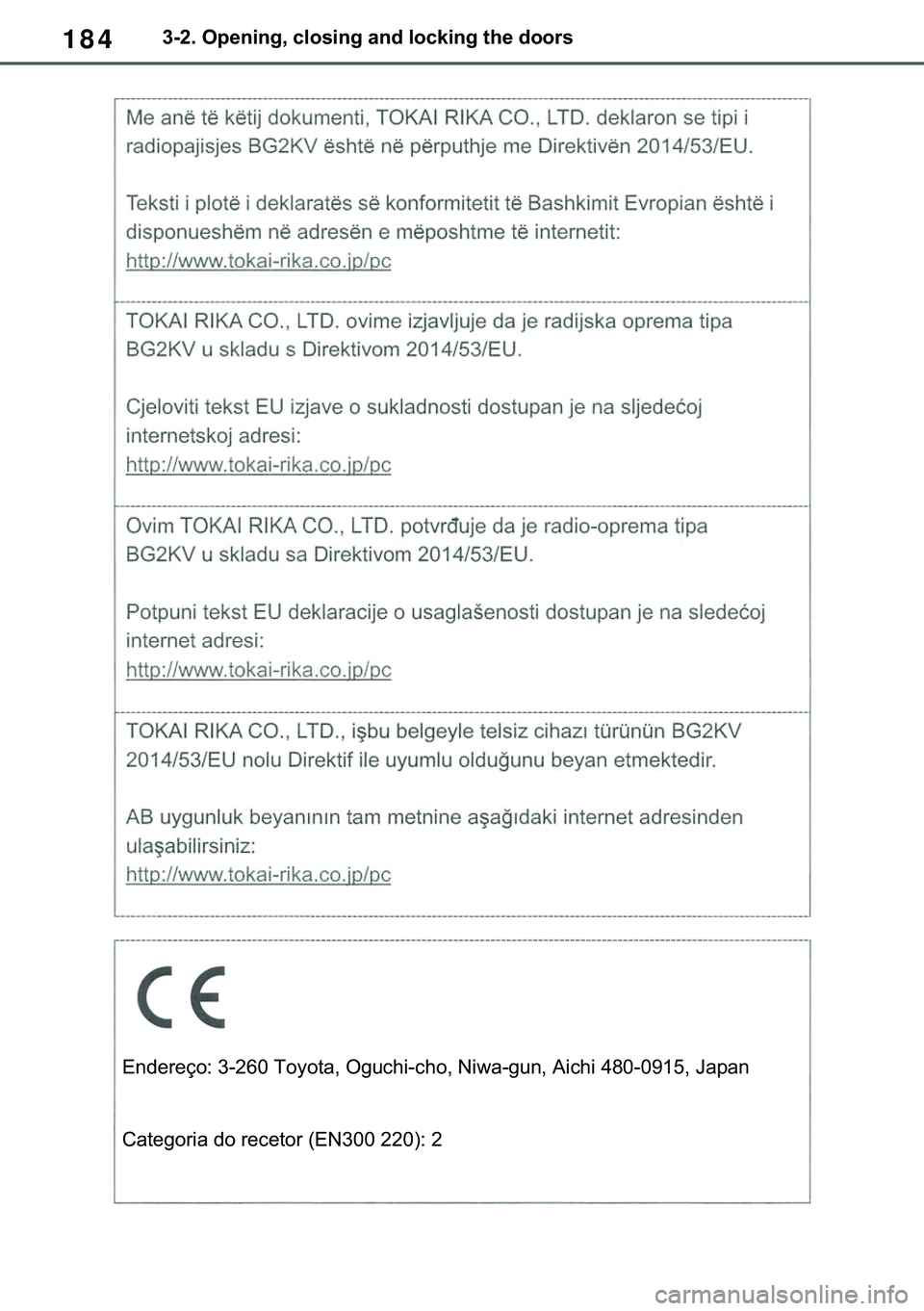 TOYOTA COROLLA 2021  Manual de utilização (in Portuguese) 184
�&�2�5�2�/�/�$ �+�9 �7�0�0�7 �(�(
������2�S�H�Q�L�Q�J���F�O�R�V�L�Q�J��D�Q�G��O�R�F�N�L�Q�J��W�K�H��G�R�R�U�V
�(�Q�G�H�U�H�o�R���������7�R�\�R�W�D���2�J�X�F�K�L��F�K�R���1�