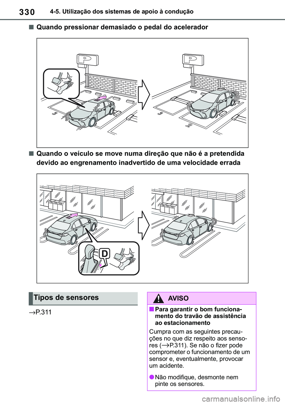 TOYOTA COROLLA 2021  Manual de utilização (in Portuguese) 330
�&�2�5�2�/�/�$ �+�9 �7�0�0�7 �(�(
������8�W�L�O�L�]�D�o�m�R��G�R�V��V�L�V�W�H�P�D�V��G�H��D�S�R�L�R��j��F�R�Q�G�X�o�m�R
■�4�X�D�Q�G�R��S�U�H�V�V�L�R�Q�D�U��G�H�P�D�V�L�D�G�R��R��S