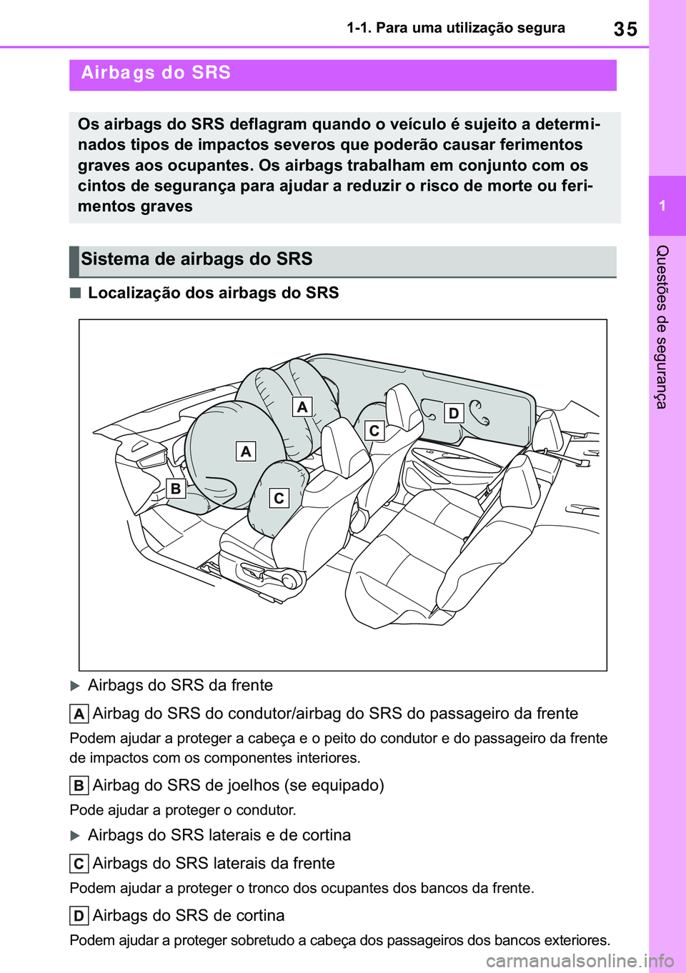 TOYOTA COROLLA 2021  Manual de utilização (in Portuguese) 35
�
�&�2�5�2�/�/�$ �+�9 �7�0�0�7 �(�(
������3�D�U�D��X�P�D��X�W�L�O�L�]�D�o�m�R��V�H�J�X�U�D
�4�X�H�V�W�}�H�V��G�H��V�H�J�X�U�D�Q�o�D
■�/�R�F�D�O�L�]�D�o�m�R��G�R�V��D�L�U�E�D�J�V��G�