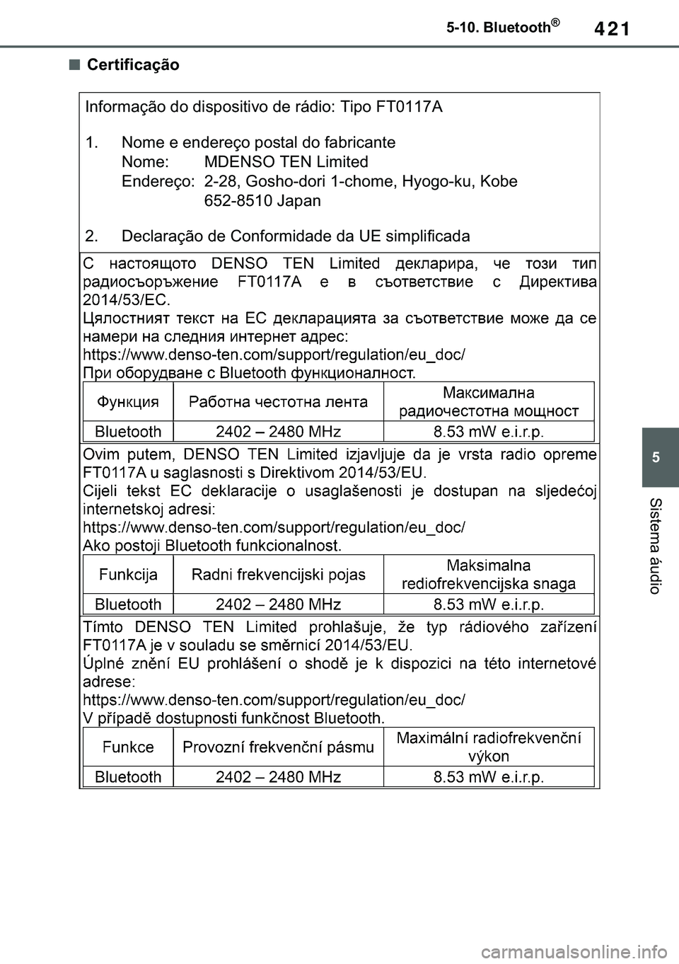 TOYOTA COROLLA 2021  Manual de utilização (in Portuguese) 421
�
�&�2�5�2�/�/�$ �+�9 �7�0�0�7 �(�(
�������%�O�X�H�W�R�R�W�K�Š
�6�L�V�W�H�P�D��i�X�G�L�R
■�&�H�U�W�L�I�L�F�D�o�m�R
�,�Q�I�R�U�P�D�o�m�R��G�R��G�L�V�S�R�V�L�W�L�Y�R��G�H��U�i�G�L�R�