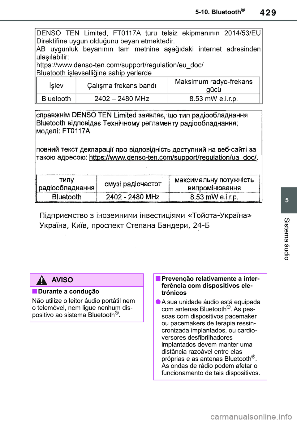 TOYOTA COROLLA 2021  Manual de utilização (in Portuguese) 429
�
�&�2�5�2�/�/�$ �+�9 �7�0�0�7 �(�(
�������%�O�X�H�W�R�R�W�K�Š
�6�L�V�W�H�P�D��i�X�G�L�R
�$�9�,�6�2
■��X�U�D�Q�W�H��D��F�R�Q�G�X�o�m�R
�1�m�R��X�W�L�O�L�]�H��R��O�H�L�W�R�U��i�X�