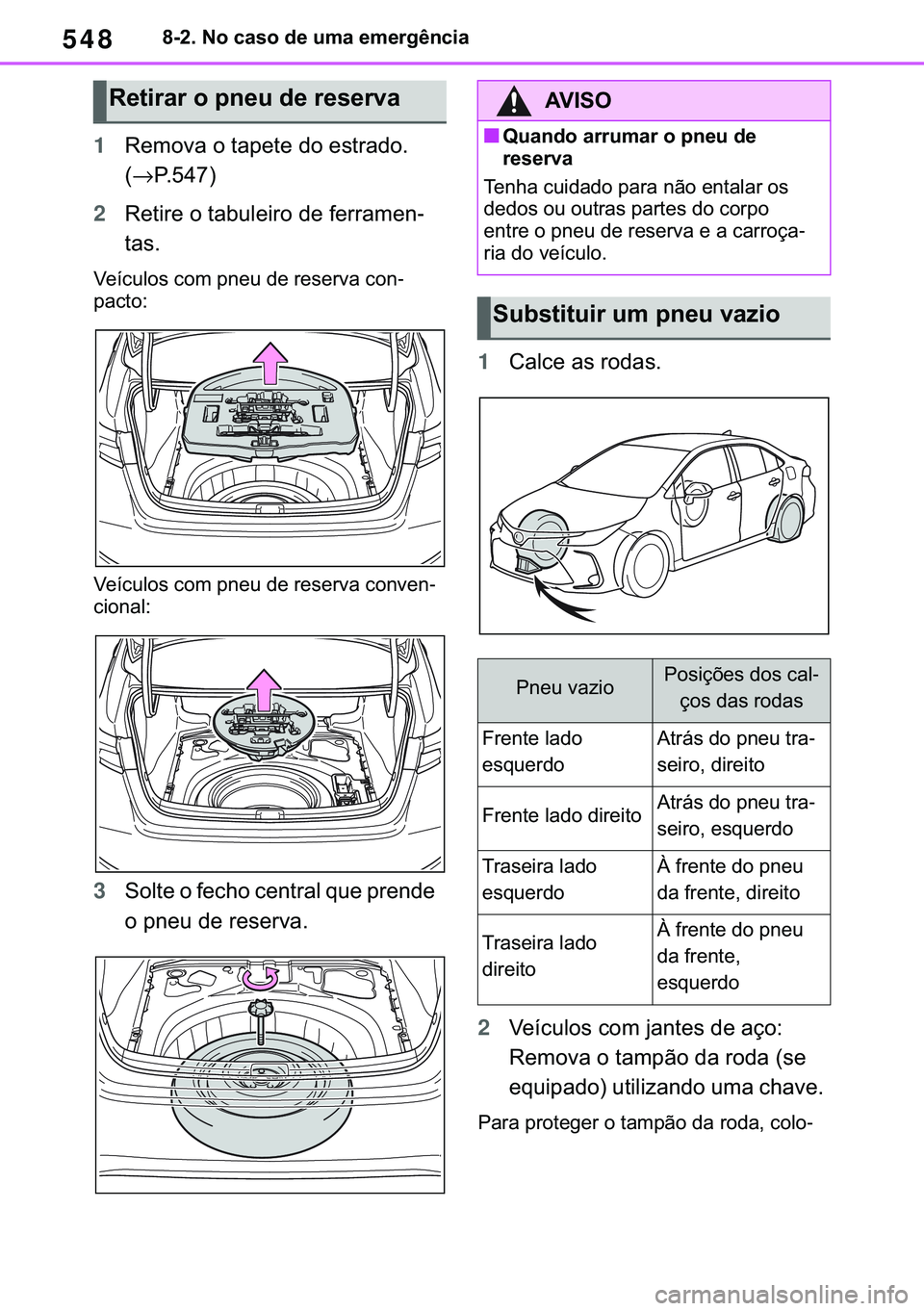TOYOTA COROLLA 2021  Manual de utilização (in Portuguese) 548
�&�2�5�2�/�/�$ �+�9 �7�0�0�7 �(�(
������1�R��F�D�V�R��G�H��X�P�D��H�P�H�U�J�r�Q�F�L�D
1�5�H�P�R�Y�D��R��W�D�S�H�W�H��G�R��H�V�W�U�D�G�R��
�→�3�����
2�5�H�W�L�U�H��R��W�D�E