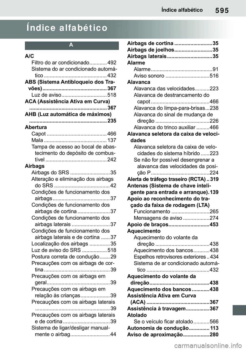 TOYOTA COROLLA 2021  Manual de utilização (in Portuguese) 595
�&�2�5�2�/�/�$ �+�9 �7�0�0�7 �(�(
�Ë�Q�G�L�F�H��D�O�I�D�E�p�W�L�F�R
Índice alfabético
�$
�$��&
�)�L�O�W�U�R��G�R��D�U��F�R�Q�G�L�F�L�R�Q�D�G�R������������ ���
�6�L�V�W�H�P�D