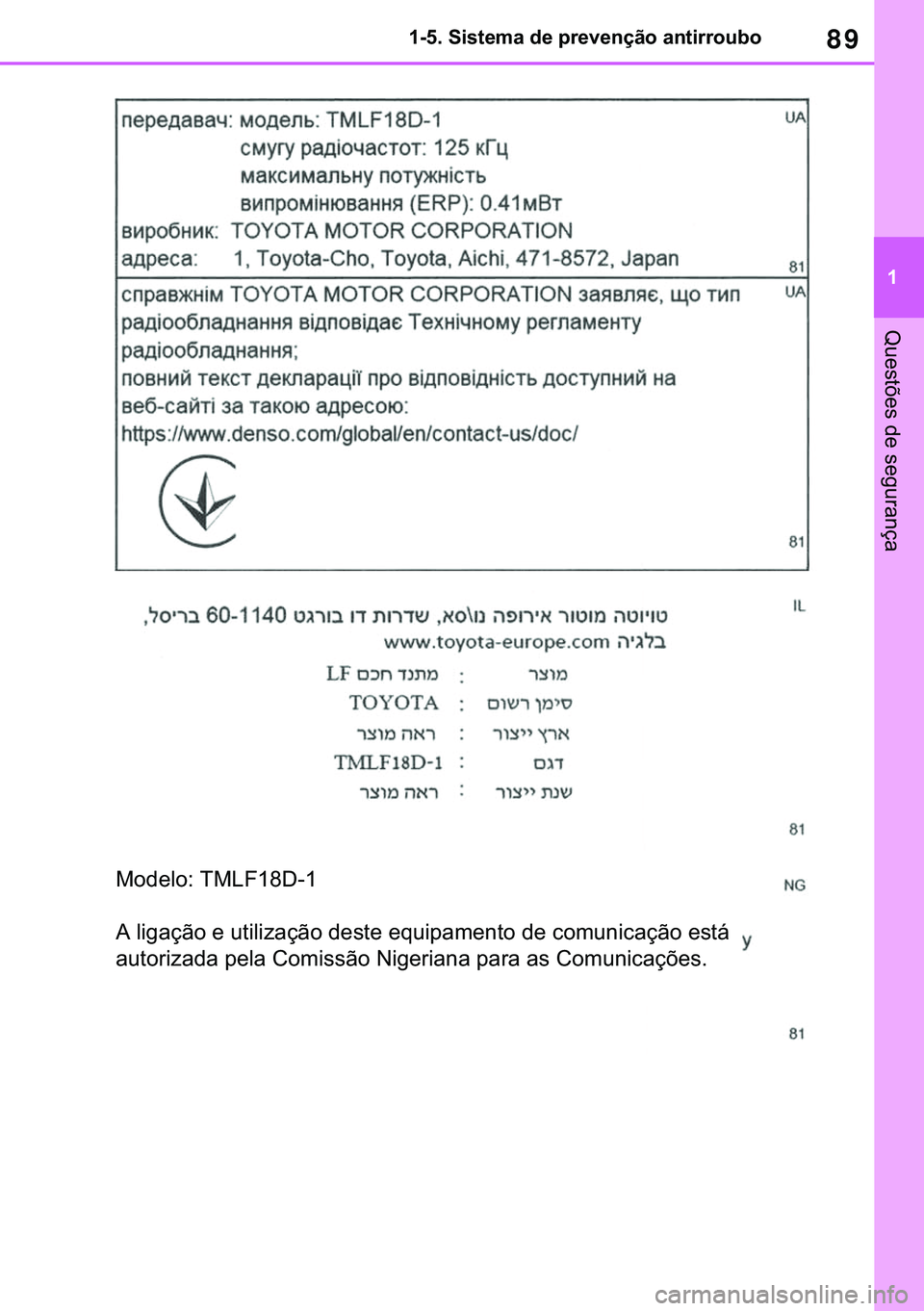 TOYOTA COROLLA 2020  Manual de utilização (in Portuguese) 89
�
�&�2�5�2�/�/�$ �+�9 �7�0�0�7 �(�(
������6�L�V�W�H�P�D��G�H��S�U�H�Y�H�Q�o�m�R��D�Q�W�L�U�U�R�X�E�R
�4�X�H�V�W�}�H�V��G�H��V�H�J�X�U�D�Q�o�D
�0�R�G�H�O�R���7�0�/�)������
<002400